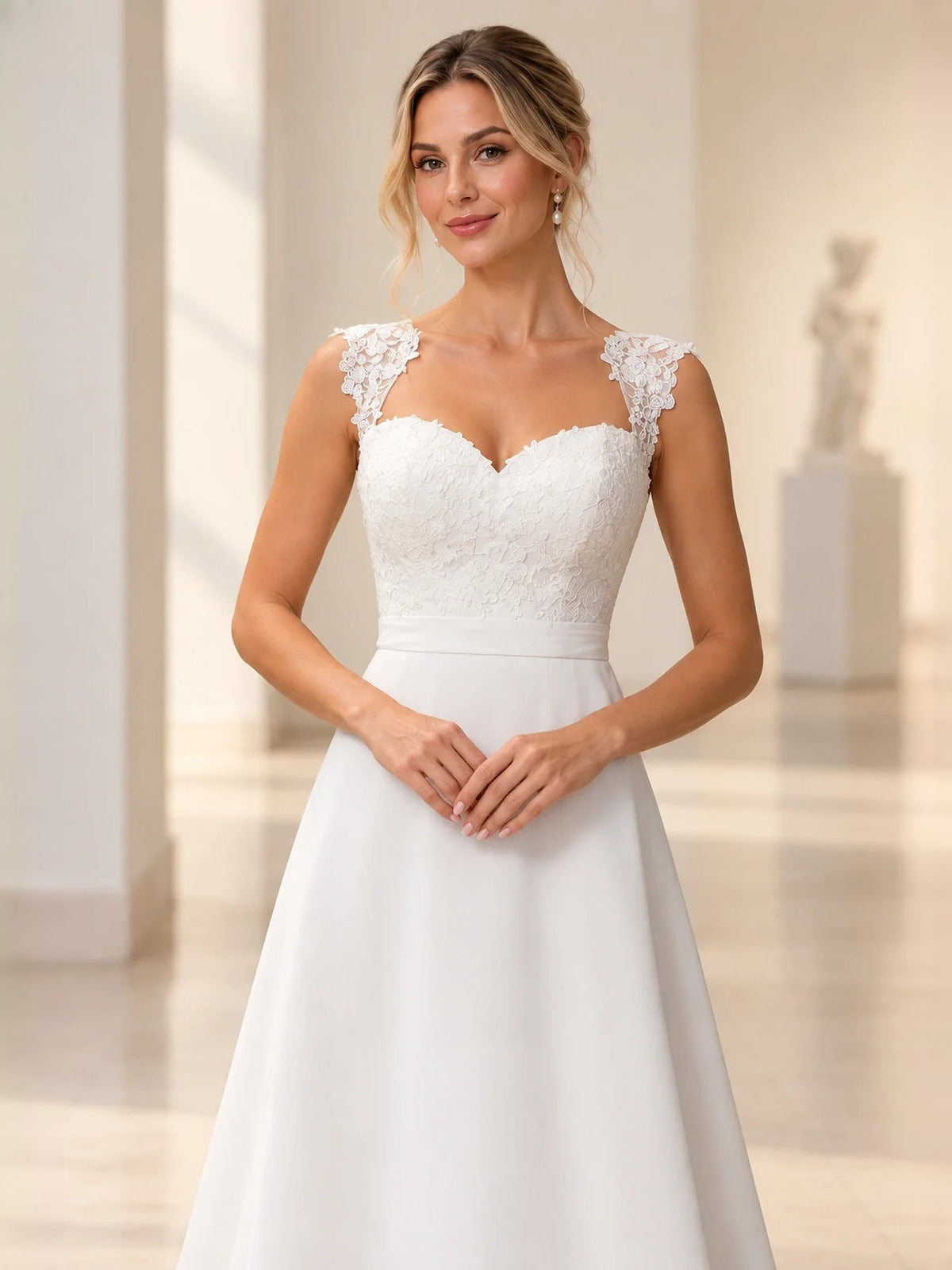 White satin wedding dress with lace sweetheart bodice and fitted waist