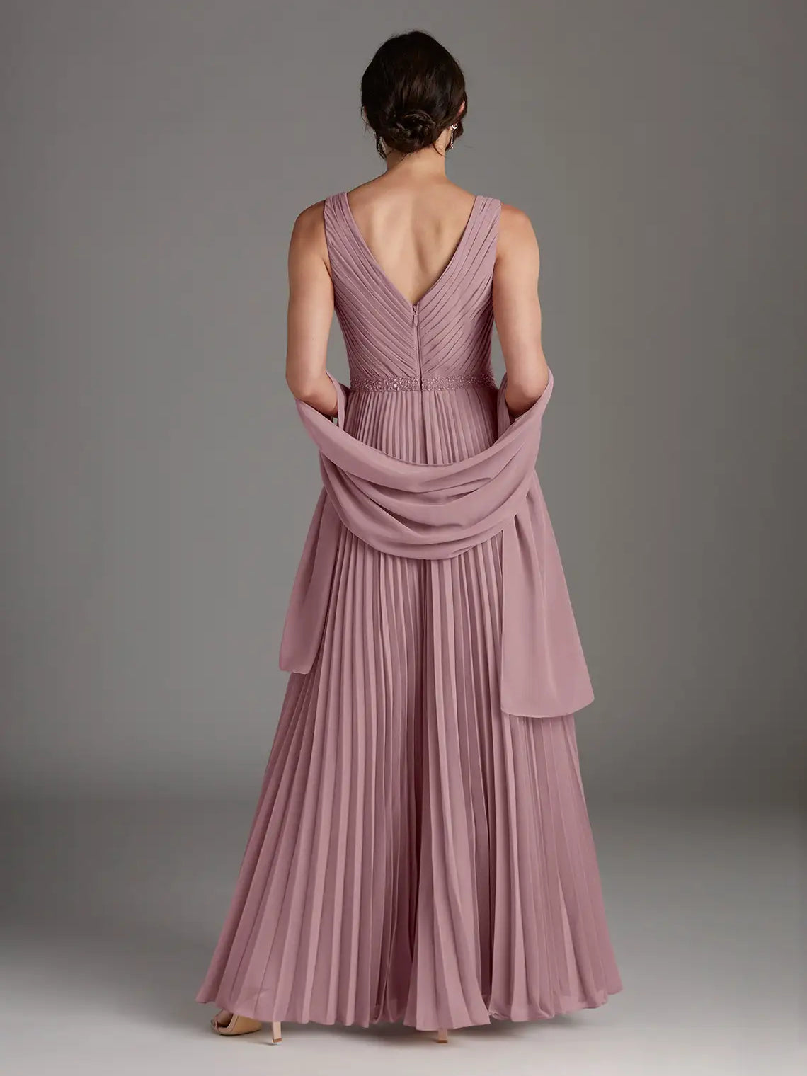 Dusty rose pleated chiffon maxi dress, V-neck front with draped back tie