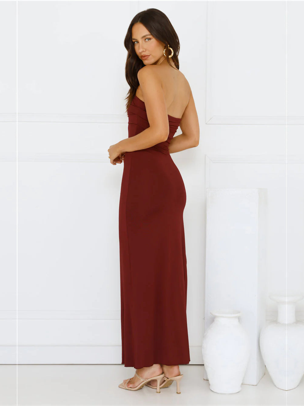 Burgundy sheath maxi formal dress with skirt slit, alternate view showing the skirt
