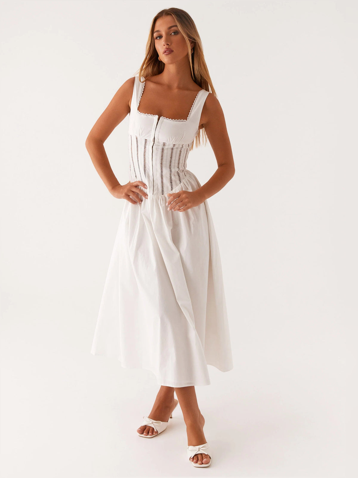 White midi formal dress with lace-trim square neckline, fitted bodice, flared midi skirt