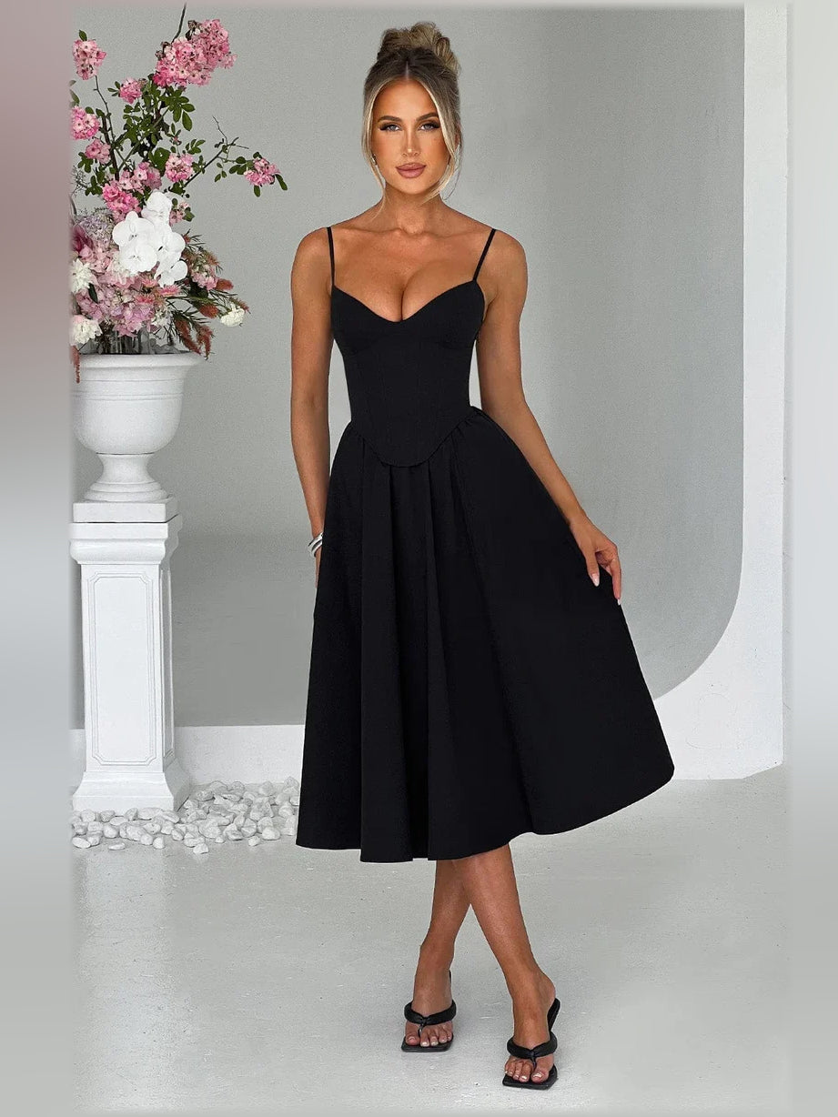 Black sweetheart corset A-line tea-length formal dress with spaghetti straps and flared skirt