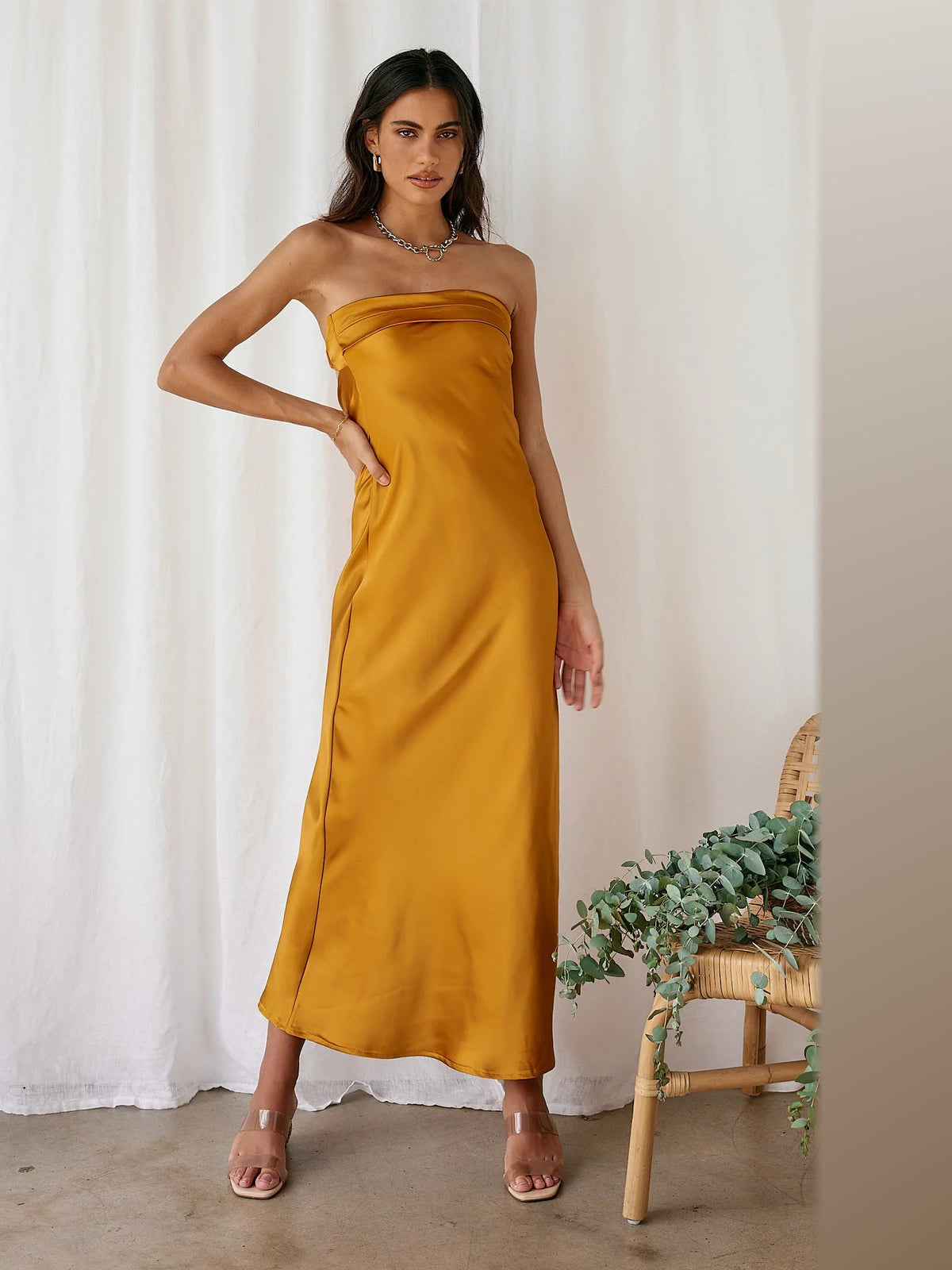 Yellow midi formal dress, alternate full-length view showing the hem
