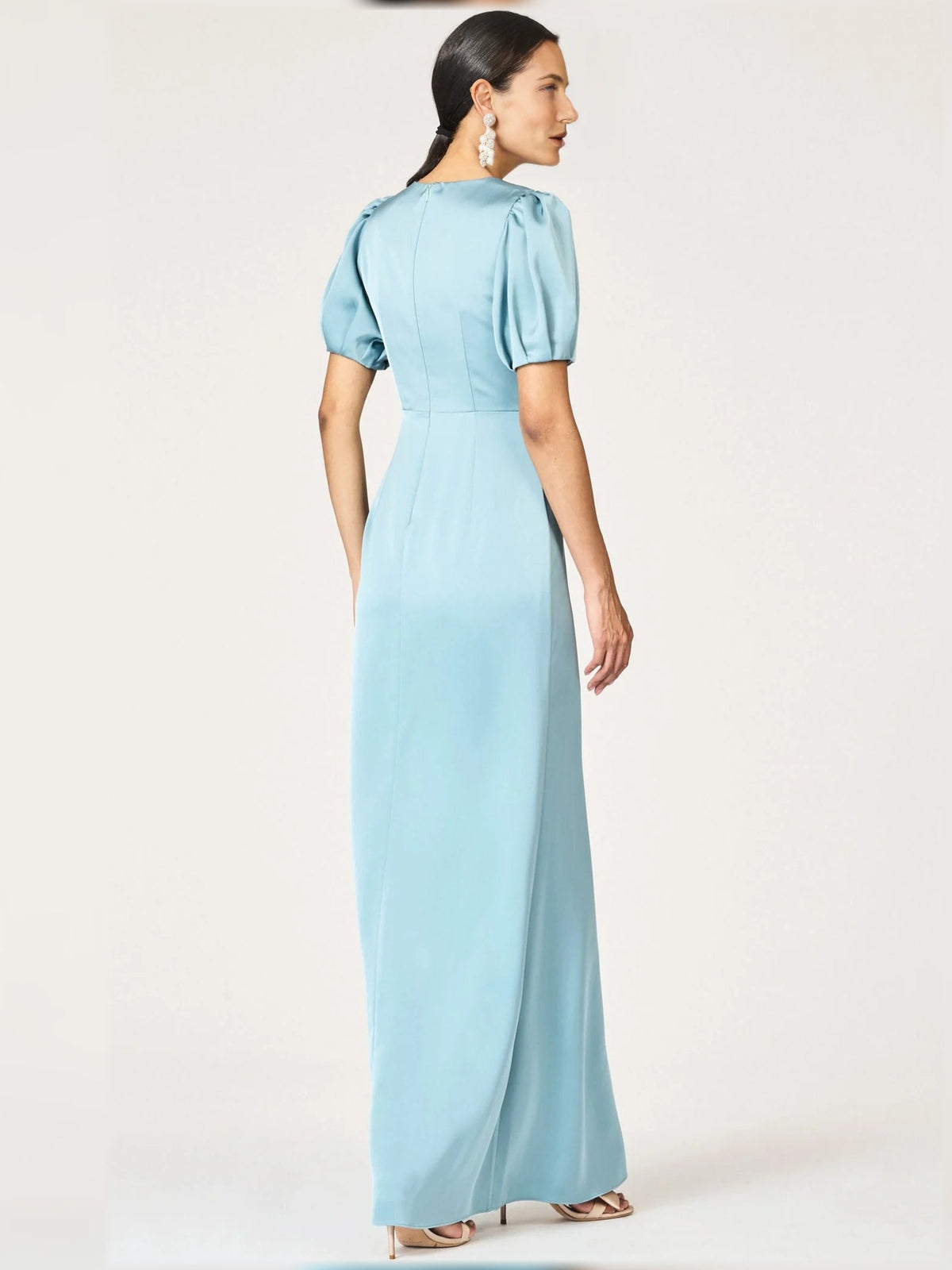 Light blue V-neck puff-sleeve ruffle maxi formal dress, back view with tiered drape