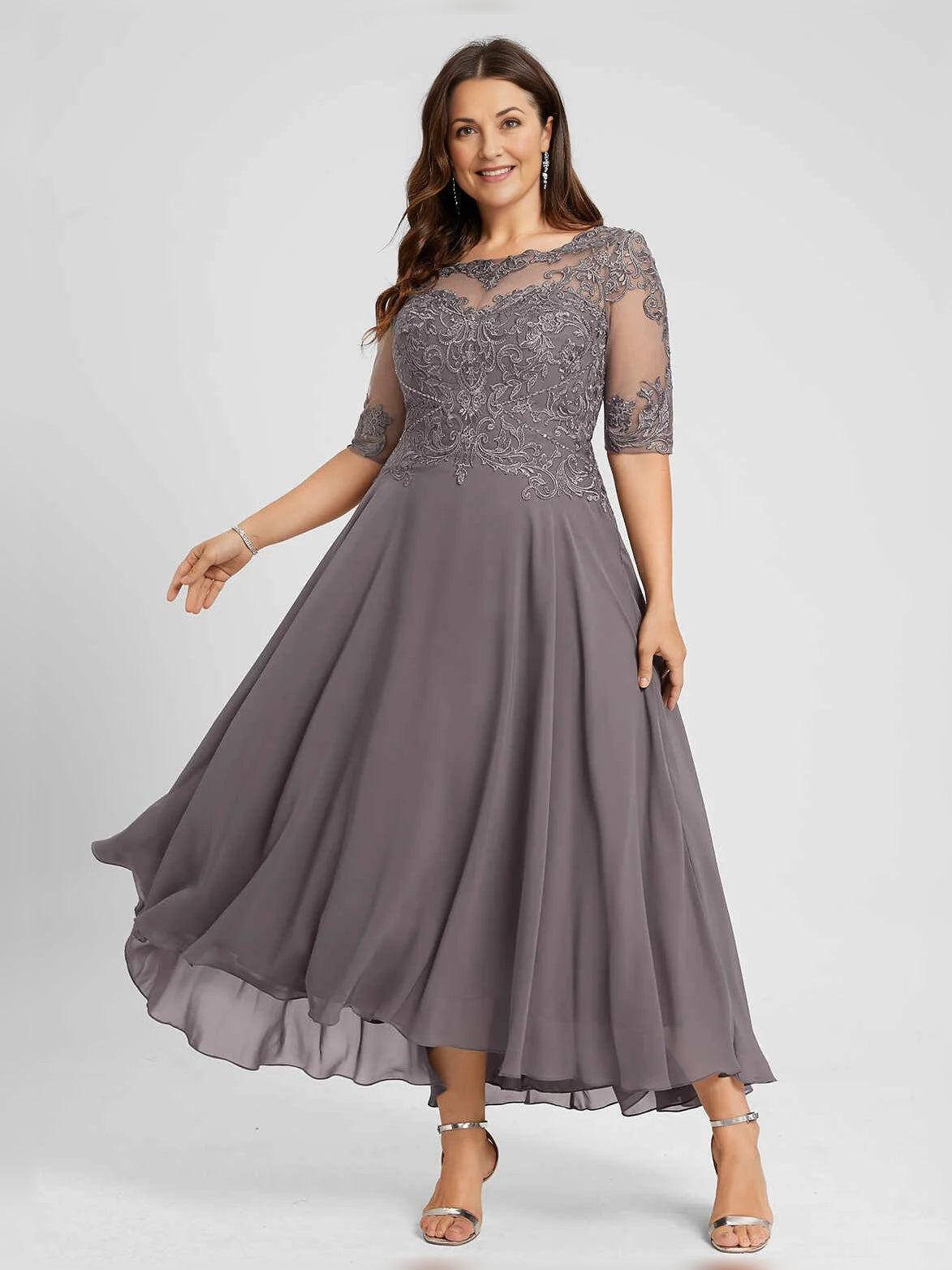 Steel grey A-line midi chiffon mother-of-the-bride dress with lace illusion neckline