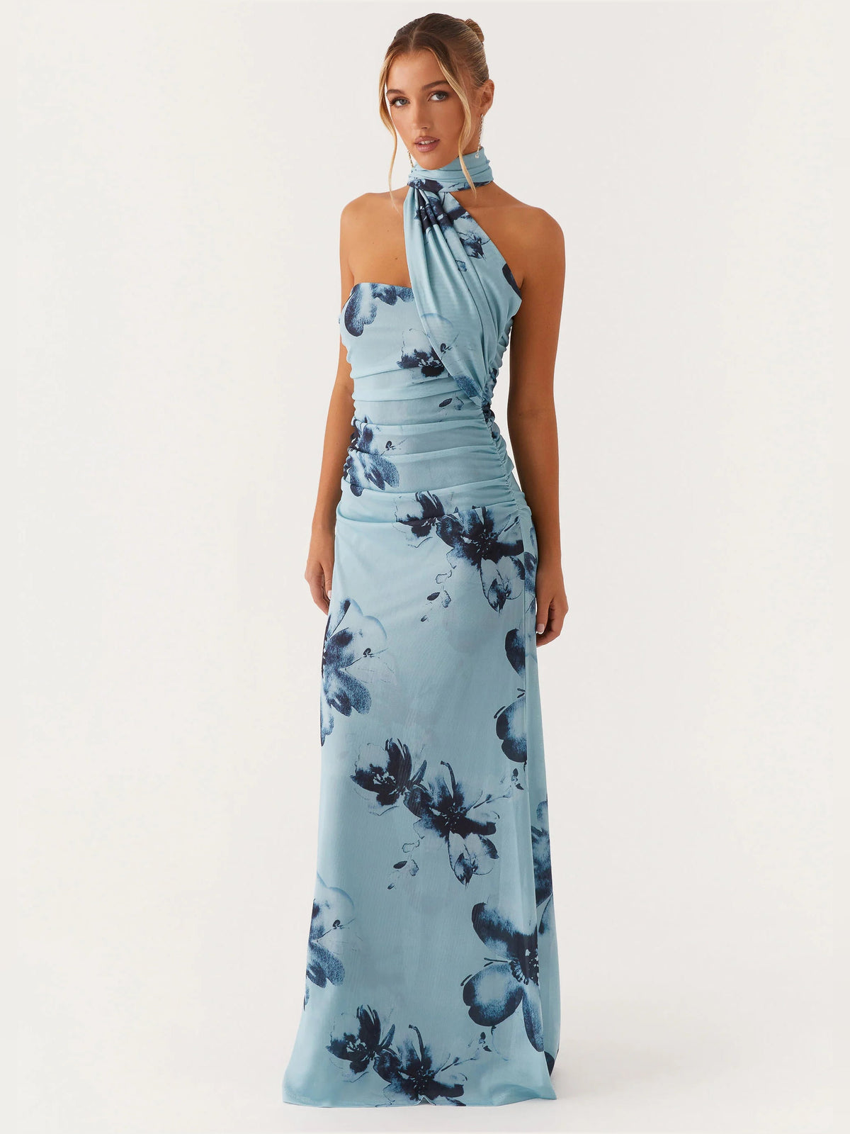 Blue Black Floral sheath maxi formal dress with floral print, alternate full-length view showing the skirt