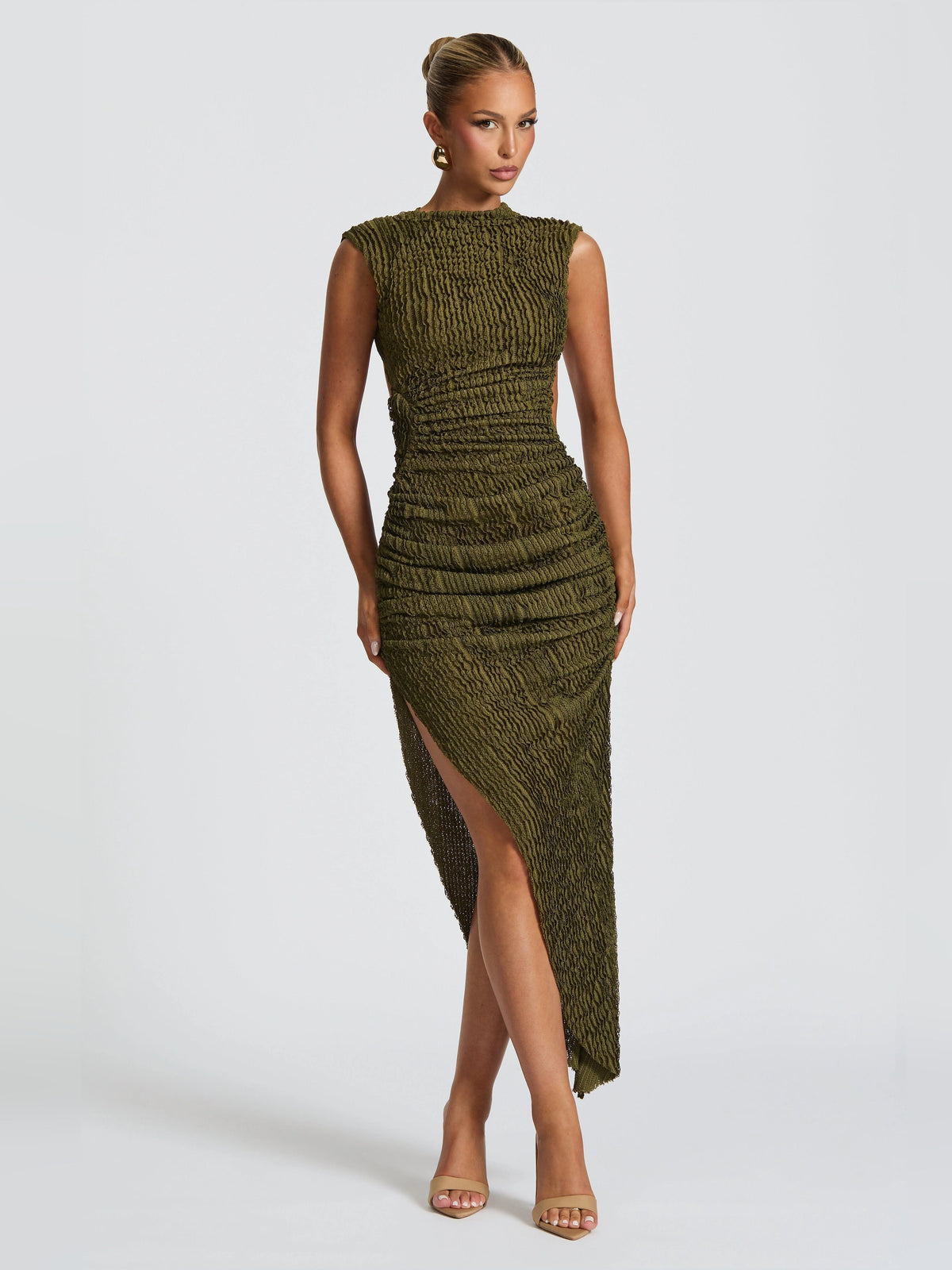 Khaki ruched bodycon midi dress, sleeveless high neck, side slit hem.