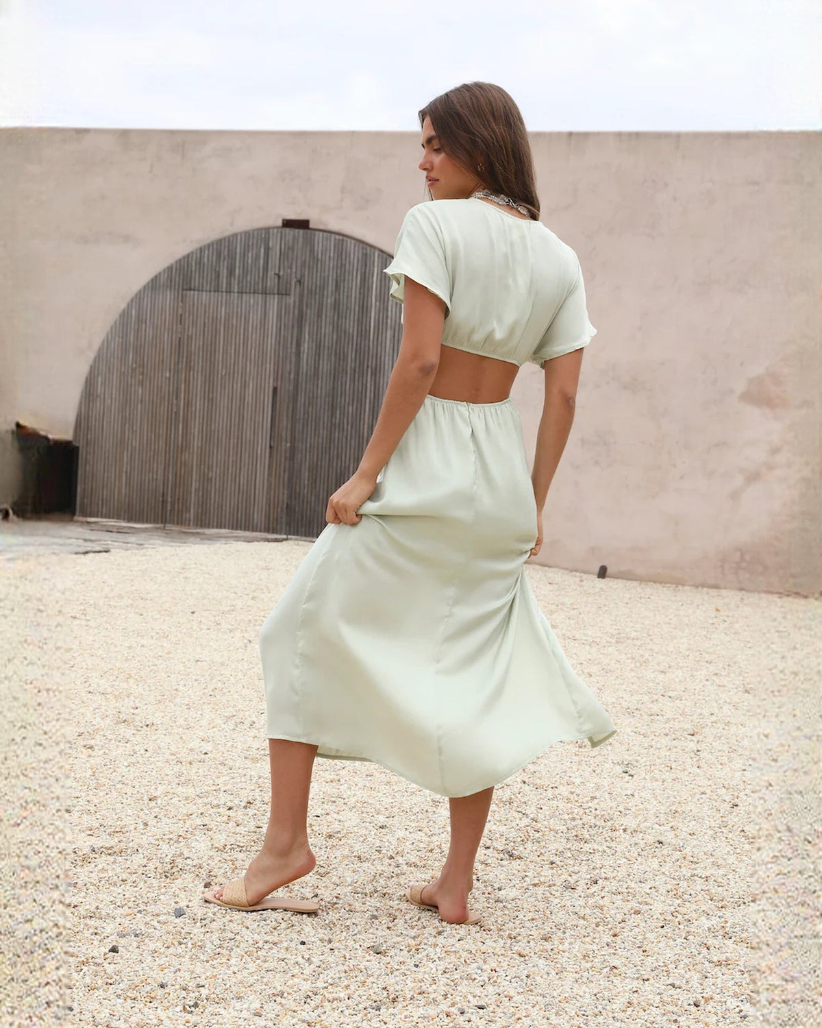 Mint green satin maxi bridesmaid dress, V-neck with waist tie, side slit and flutter sleeves