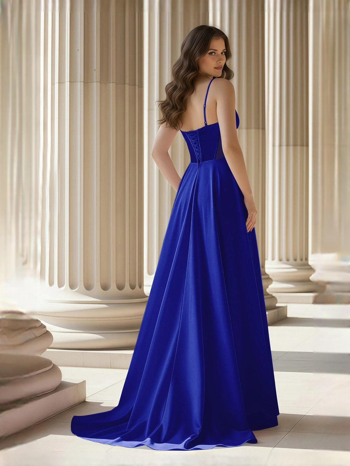 Royal blue sweetheart corset A-line satin prom dress with thin straps, floor-length skirt