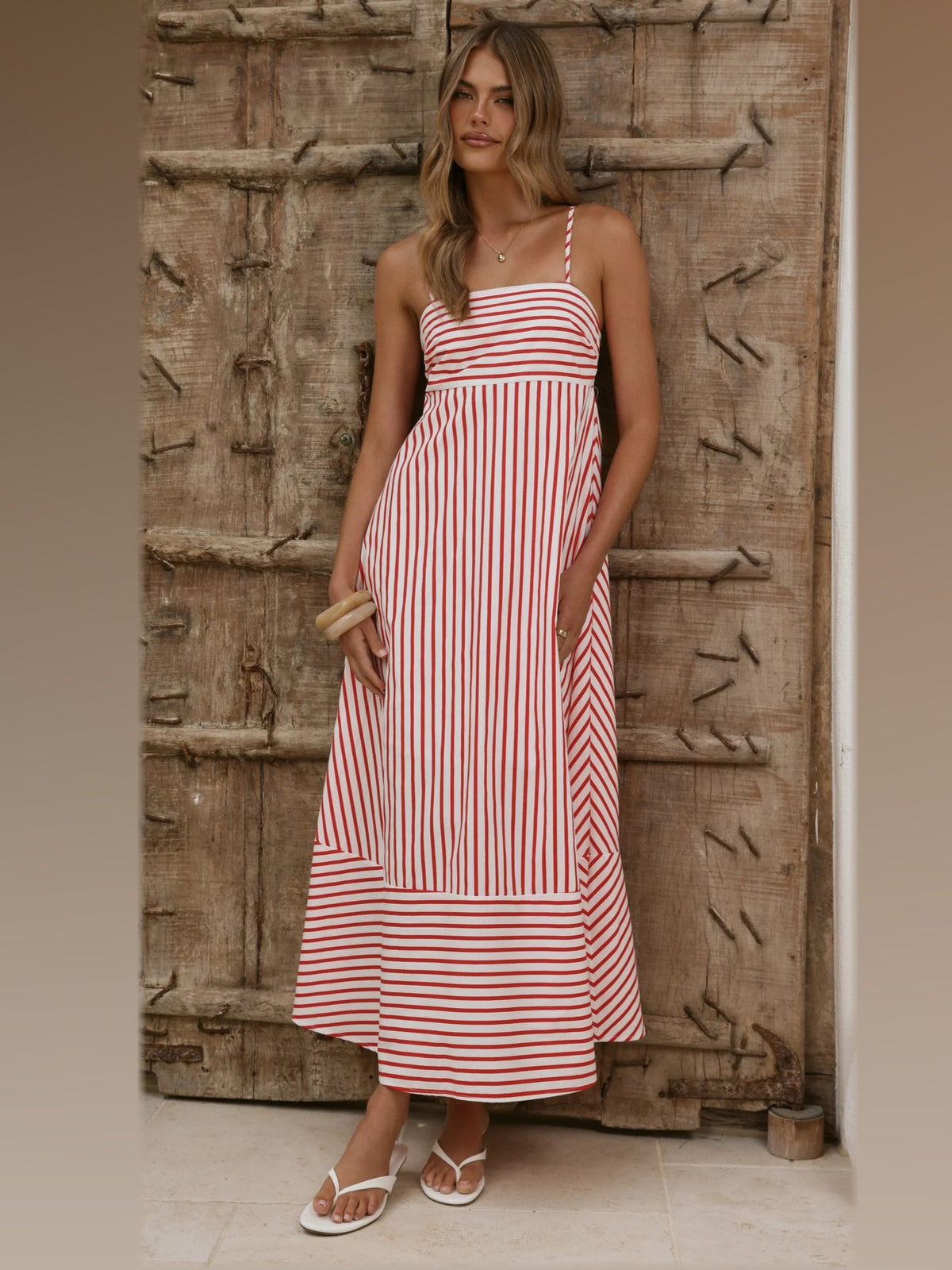 Red White Stripe maxi formal dress, alternate full-length view showing the hem