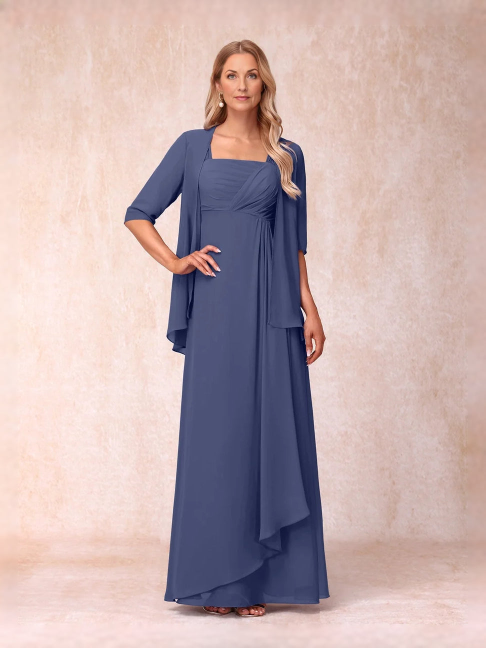 Dusty blue chiffon mother-of-the-bride dress, square neckline, ruched bodice, layered A-line.