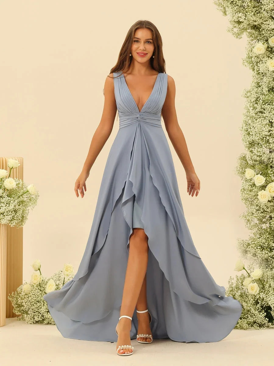 Dusty blue sleeveless V-neck A-line maxi dress with ruched bodice and layered skirt ruffles