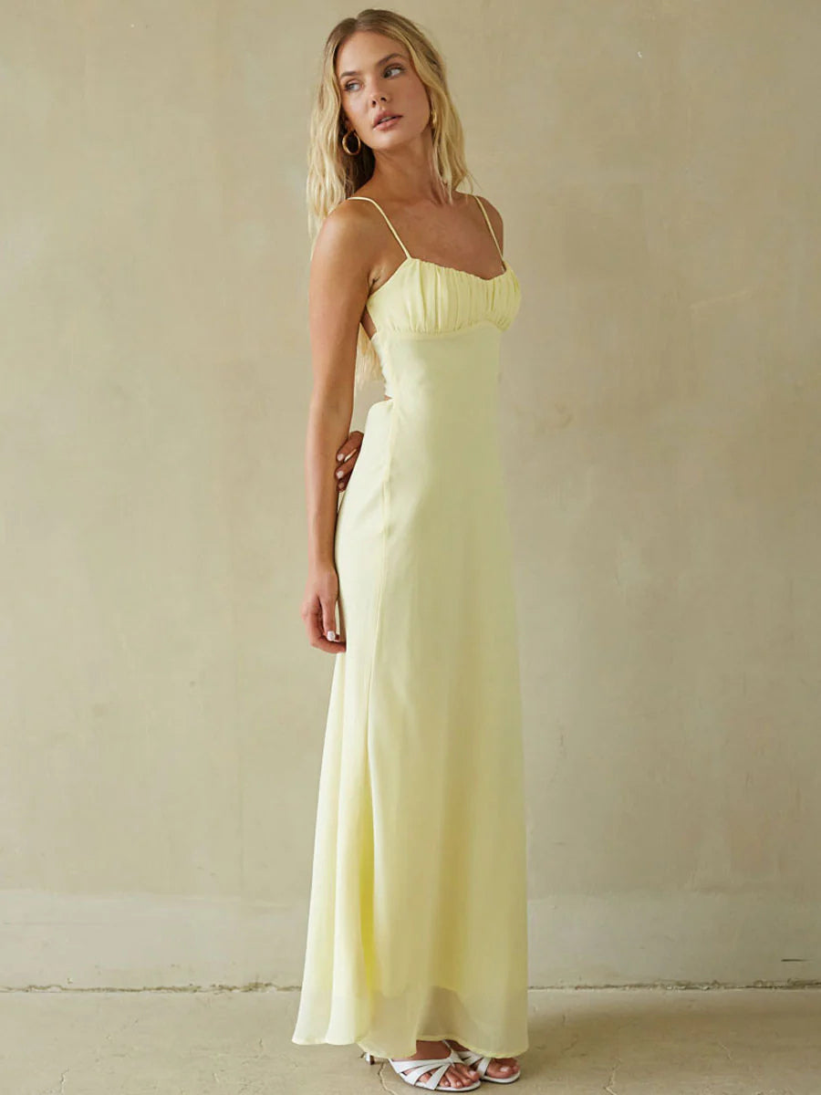 Yellow sheath maxi formal dress with sheath, alternate view showing the skirt