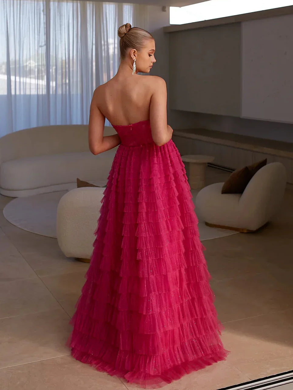 Hot pink corset-style tiered tulle A-line maxi prom dress, exposed back