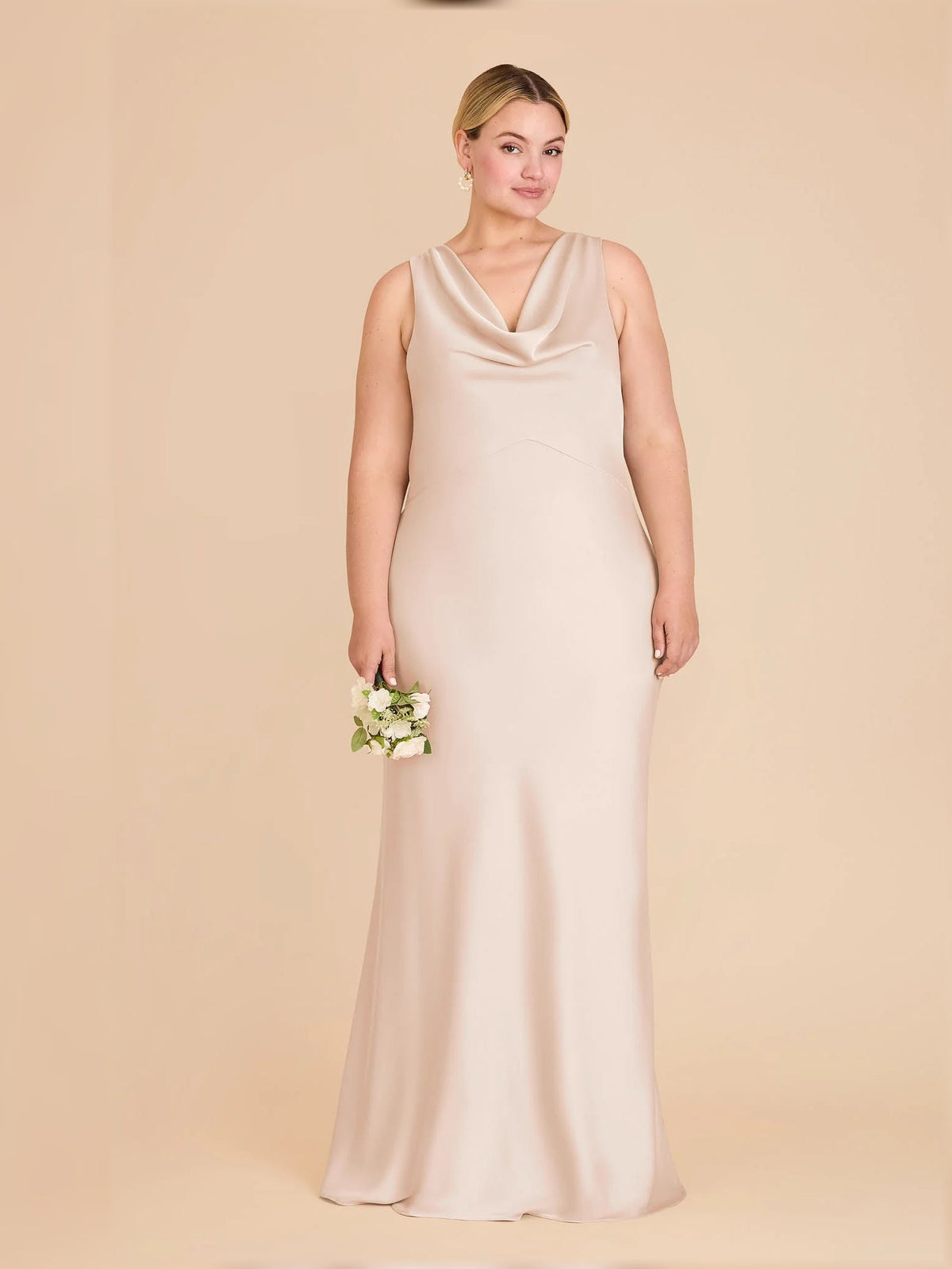 Champagne satin cowl-neck sleeveless maxi dress with fitted bodycon silhouette