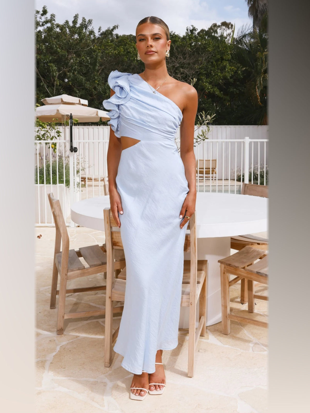 Blue maxi formal dress, alternate full-length view showing the hem