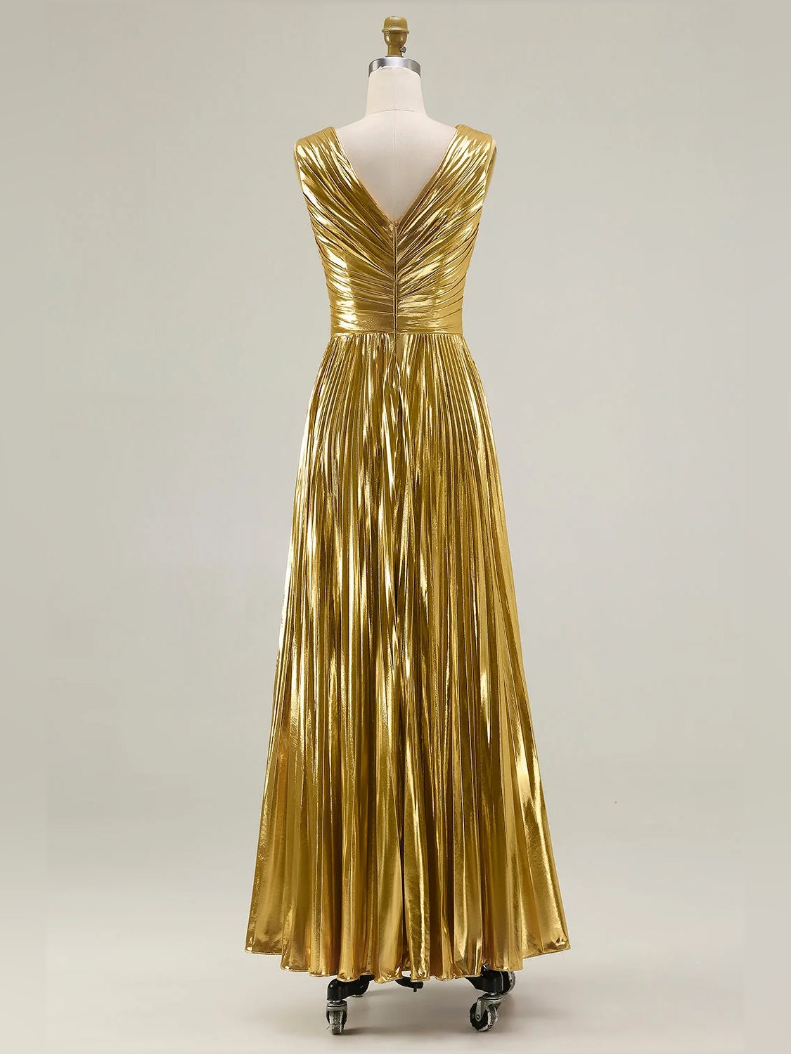 Gold sequined pleated A-line floor-length prom dress on mannequin with V-neck