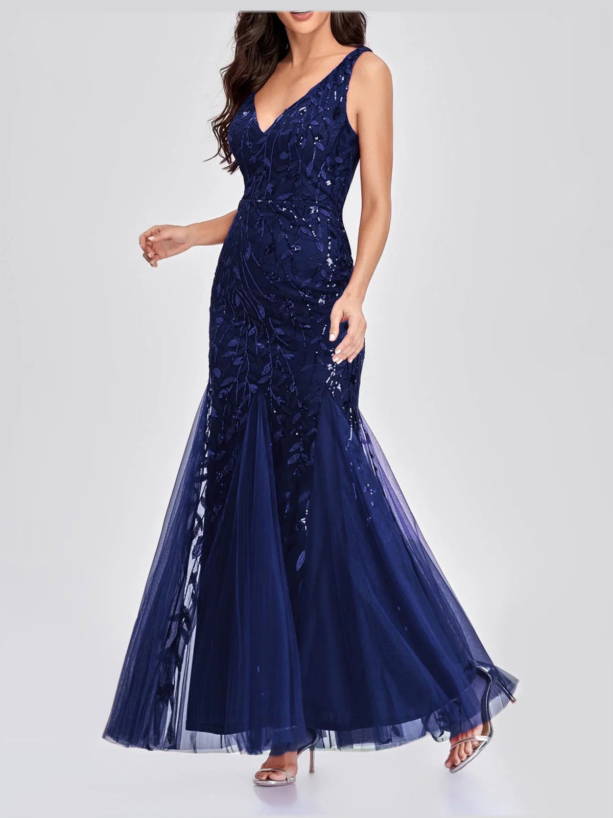 Navy Blue mermaid maxi formal dress with sequins, alternate full-length view showing the skirt