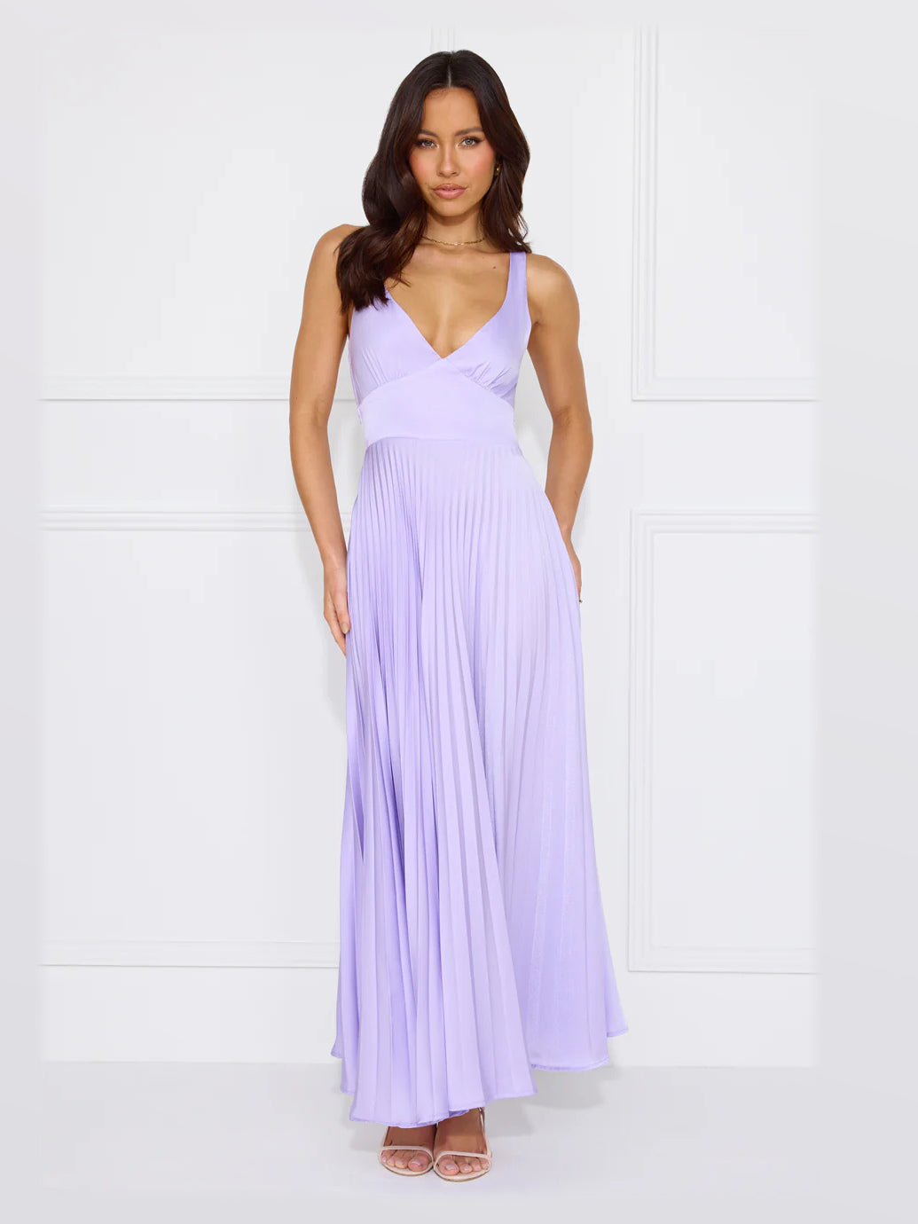 Lilac midi formal dress, alternate full-length view showing the hem