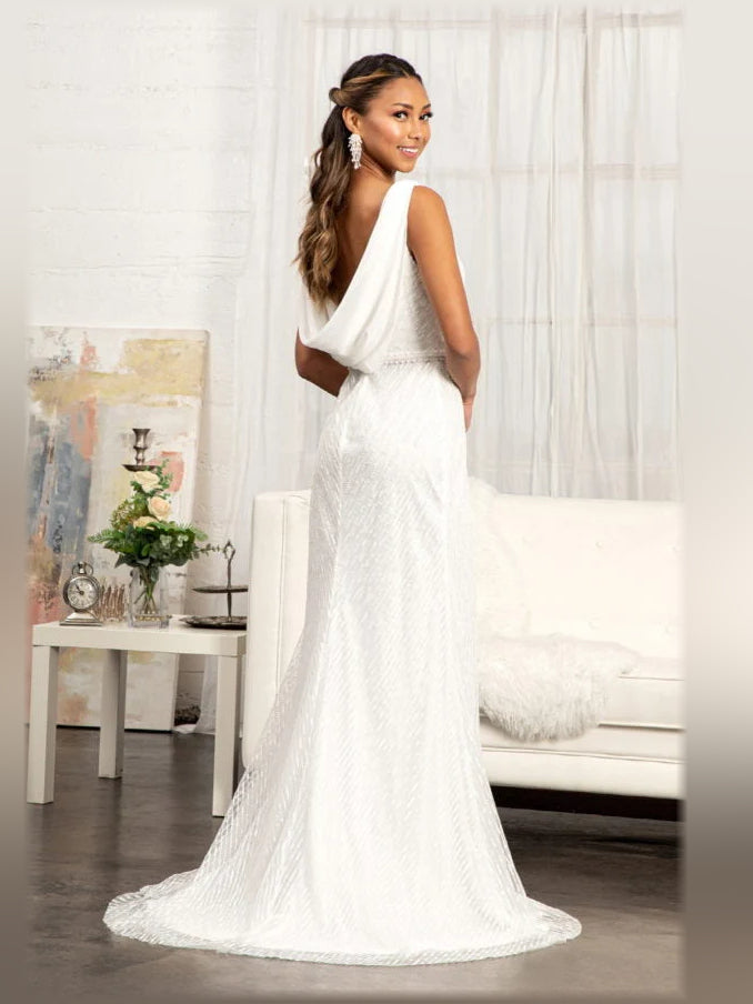 Ivory beaded sleeveless V-neck formal gown with ruched bodice and long hem