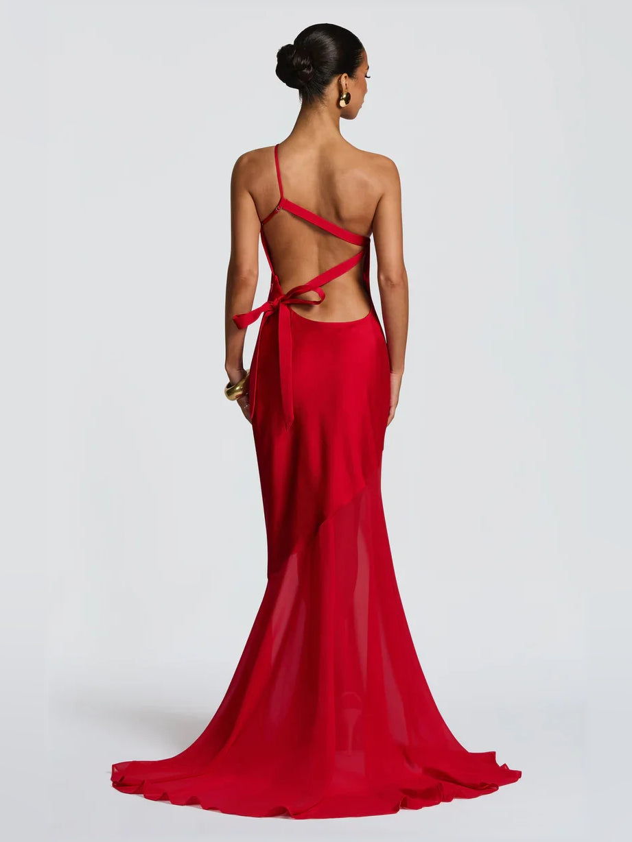 One-shoulder mermaid formal dress in red, open back with ribbon ties