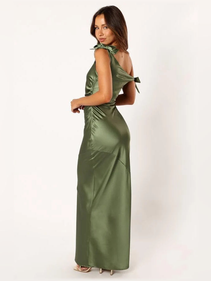 Sage green satin one-shoulder mermaid dress with tied bow straps