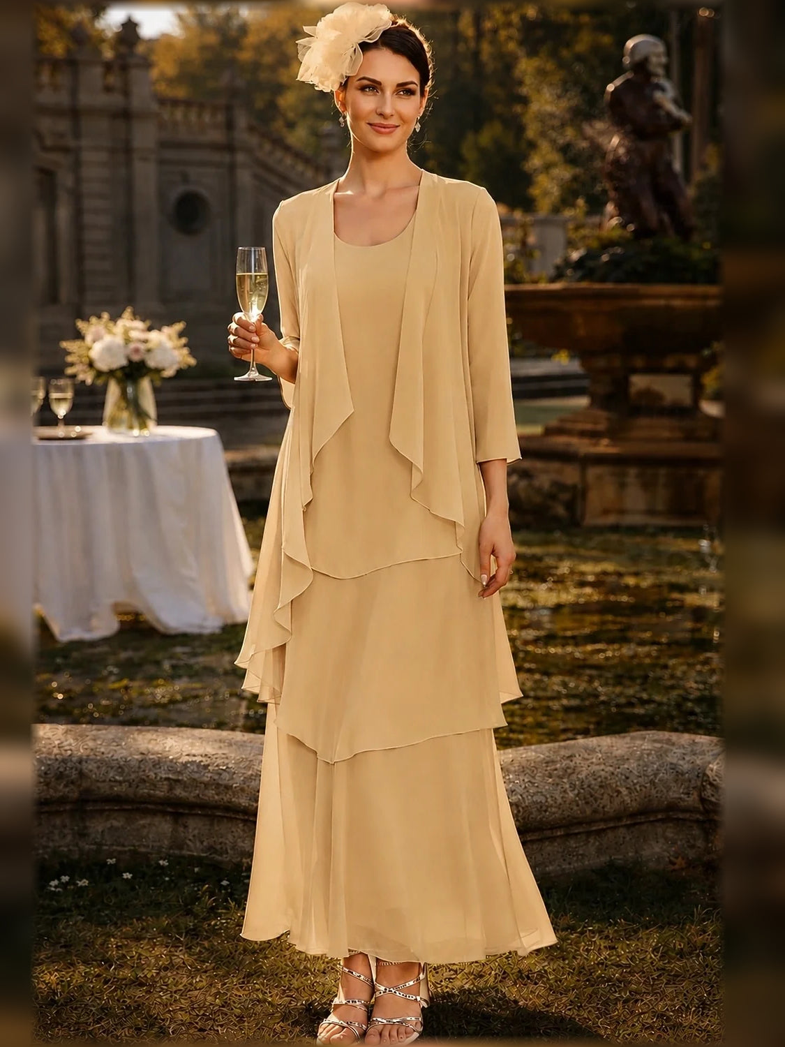 Layered scoop-neck A-line maxi chiffon dress in light khaki, ruffled tiered skirt