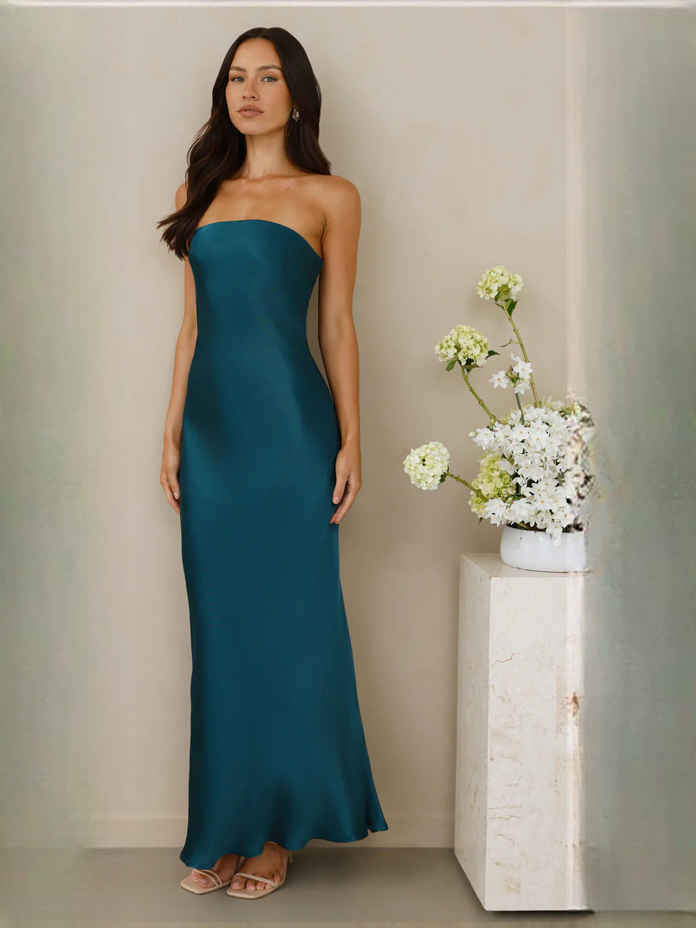 Teal sheath maxi formal dress with bow detail, alternate full-length view showing the skirt