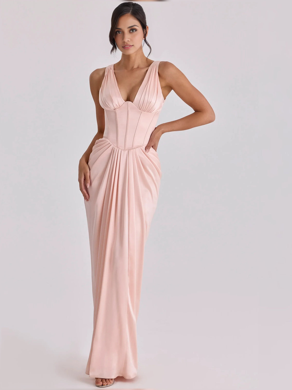 Blush pink v-neck corset pleated floor-length formal dress, full front view