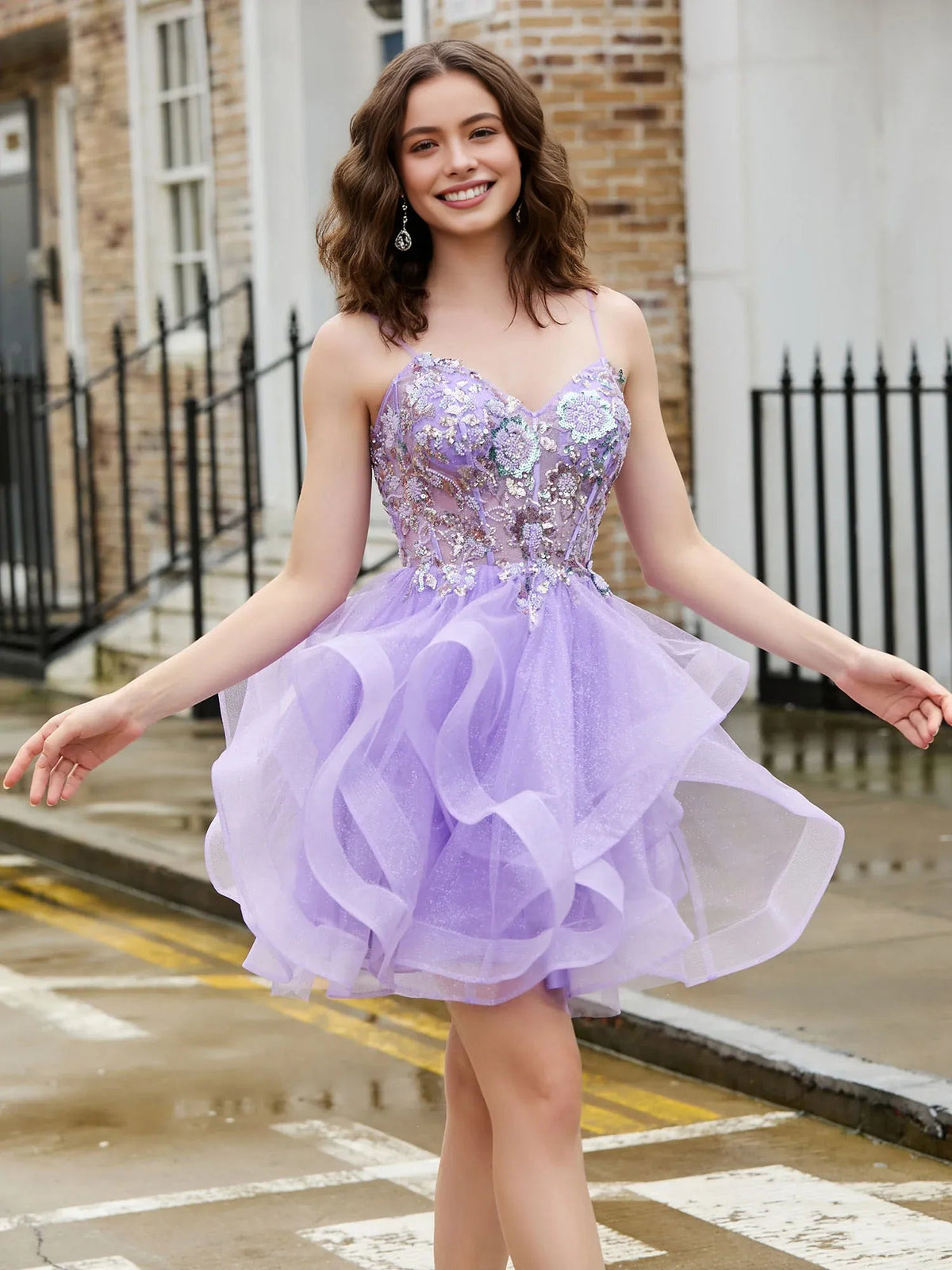 Lilac sweetheart corset mini tulle dress with floral sparkle bodice and layered skirt