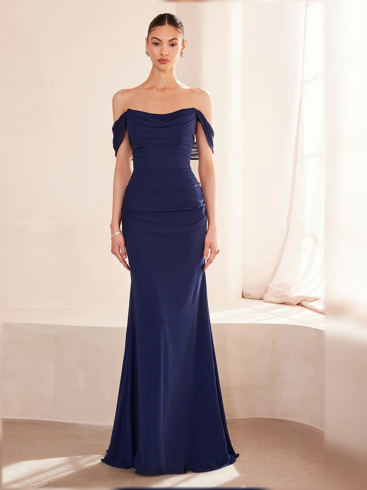 Off-shoulder ruched formal dress, dark blue, floor-length, straight off-shoulder