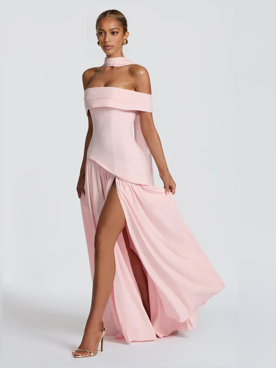 Blush pink off-shoulder pleated floor-length dress with front slit and long scarf tie