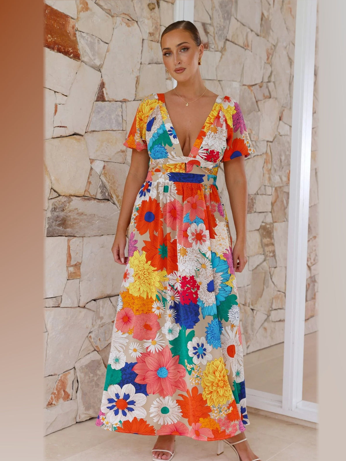 Orange Blue Pink Floral midi formal dress, alternate full-length view showing the hem