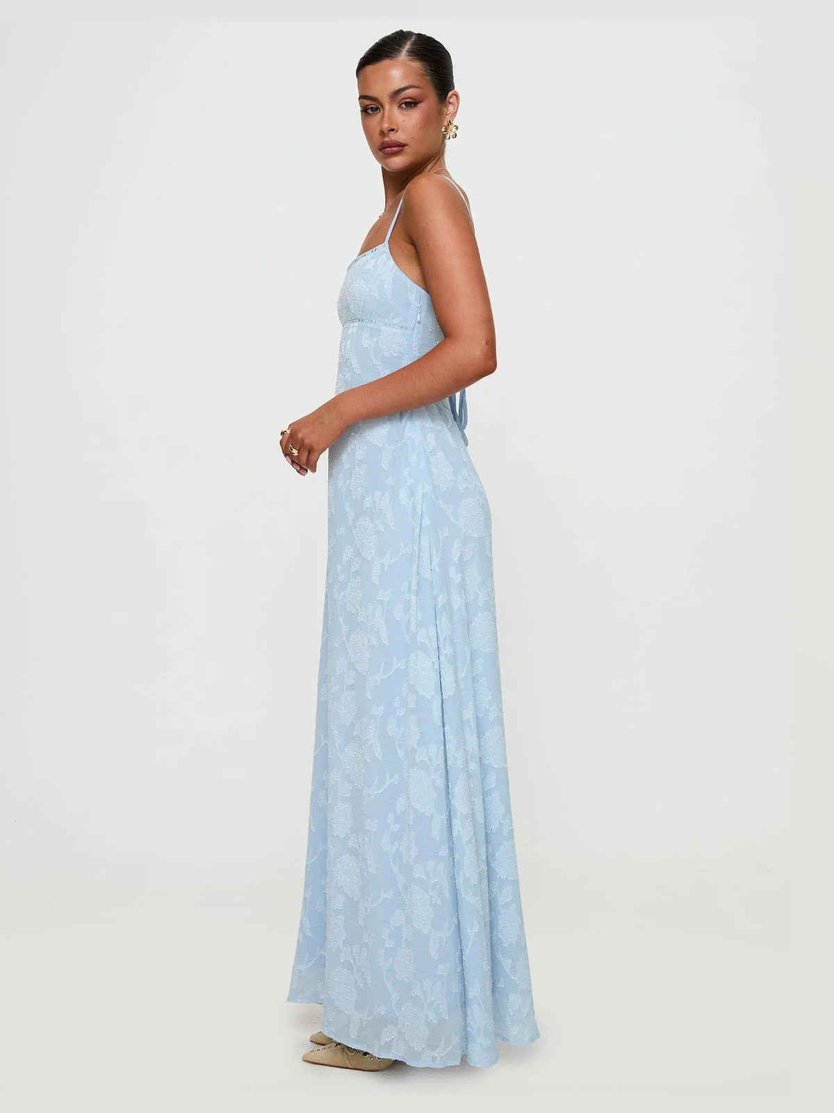 Blue maxi formal dress, alternate full-length view showing the hem