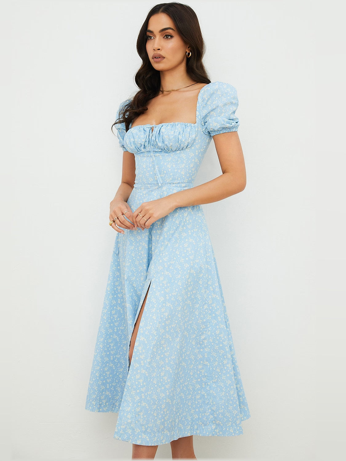 Light blue floral midi dress with puff sleeves and side slit, square neckline, ruched bodice