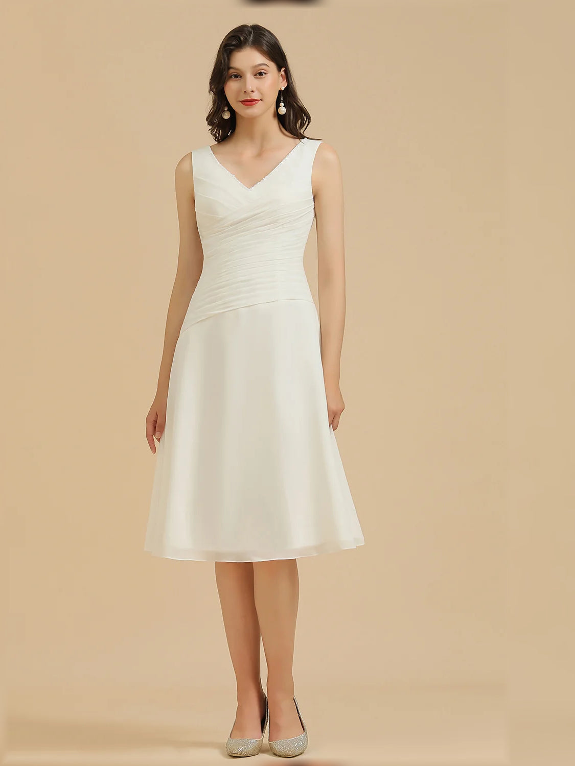 White V-neck A-line mini chiffon dress, ruched waist, sleeveless side view