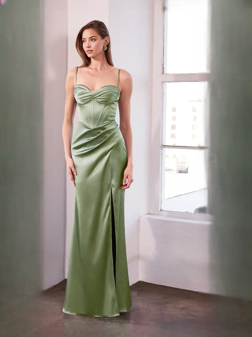 Ruched satin prom dress with gathered sweetheart neckline and side slit, dusty sage green