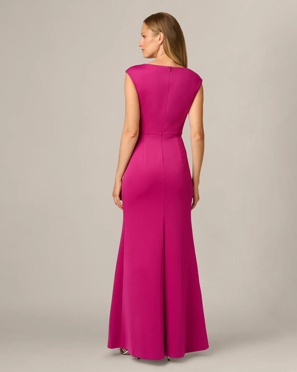 Hot orchid satin mermaid maxi dress, back view with fitted waist and slit hem