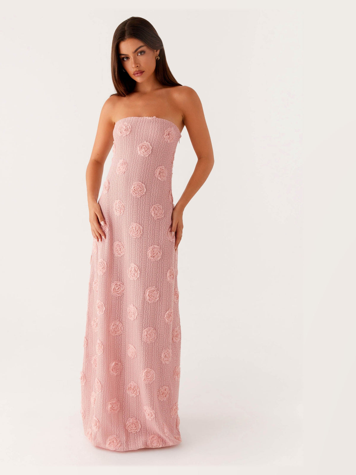 Pink maxi formal dress, alternate full-length view showing the hem