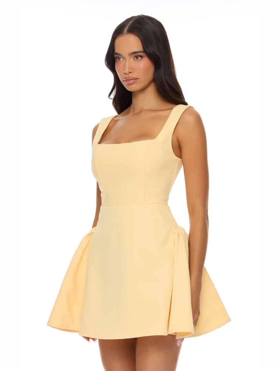 Yellow pleated square-neck A-line mini dress with sleeveless bodice and flared skirt