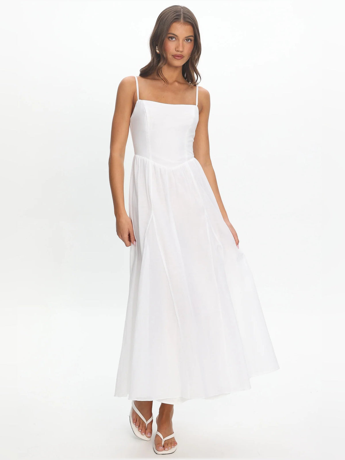 White scoop-neck midi formal dress with thin straps and layered skirt