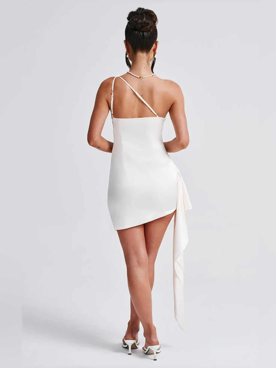 White satin one-shoulder mini formal dress with crisscross back straps and drape