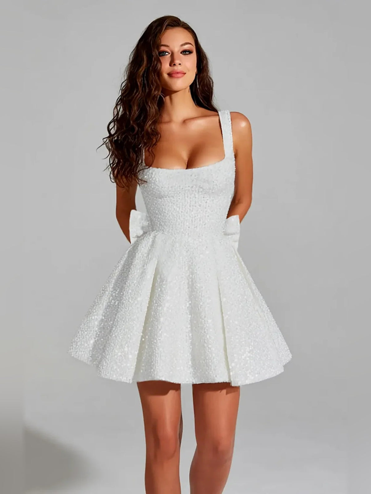 Ivory sequin square-neck A-line mini dress, sleeveless with flared skirt