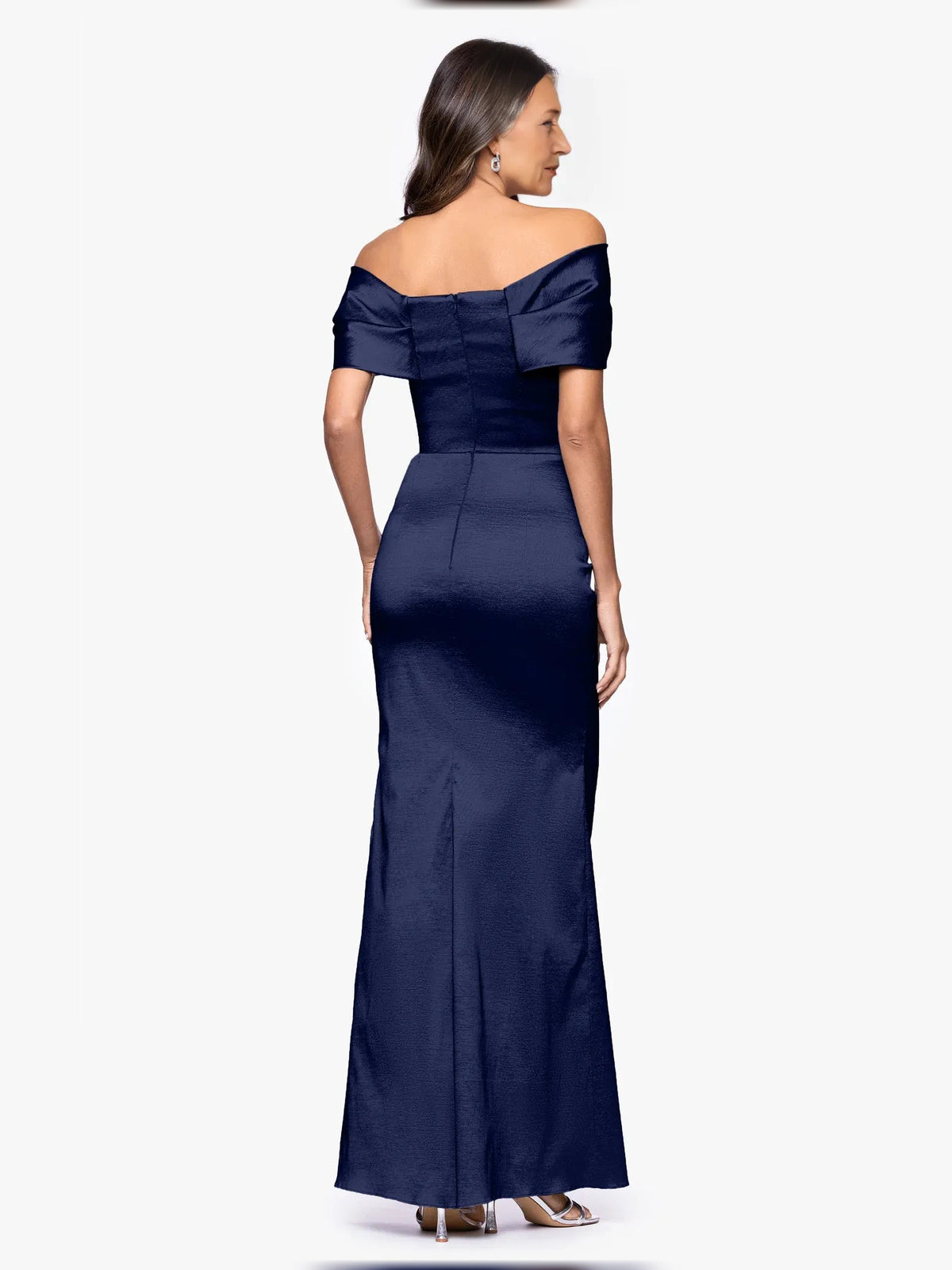 Dark navy satin off-shoulder draped mermaid floor-length gown, side/back view