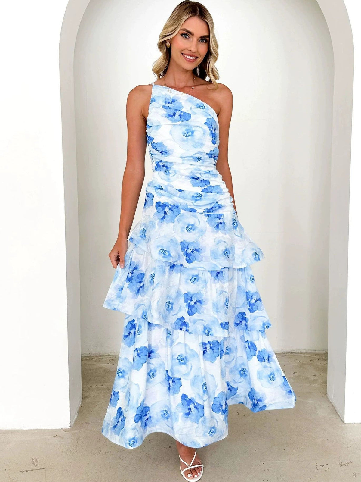 Blue Floral Print a-line maxi formal dress with one-shoulder neckline, alternate full-length view