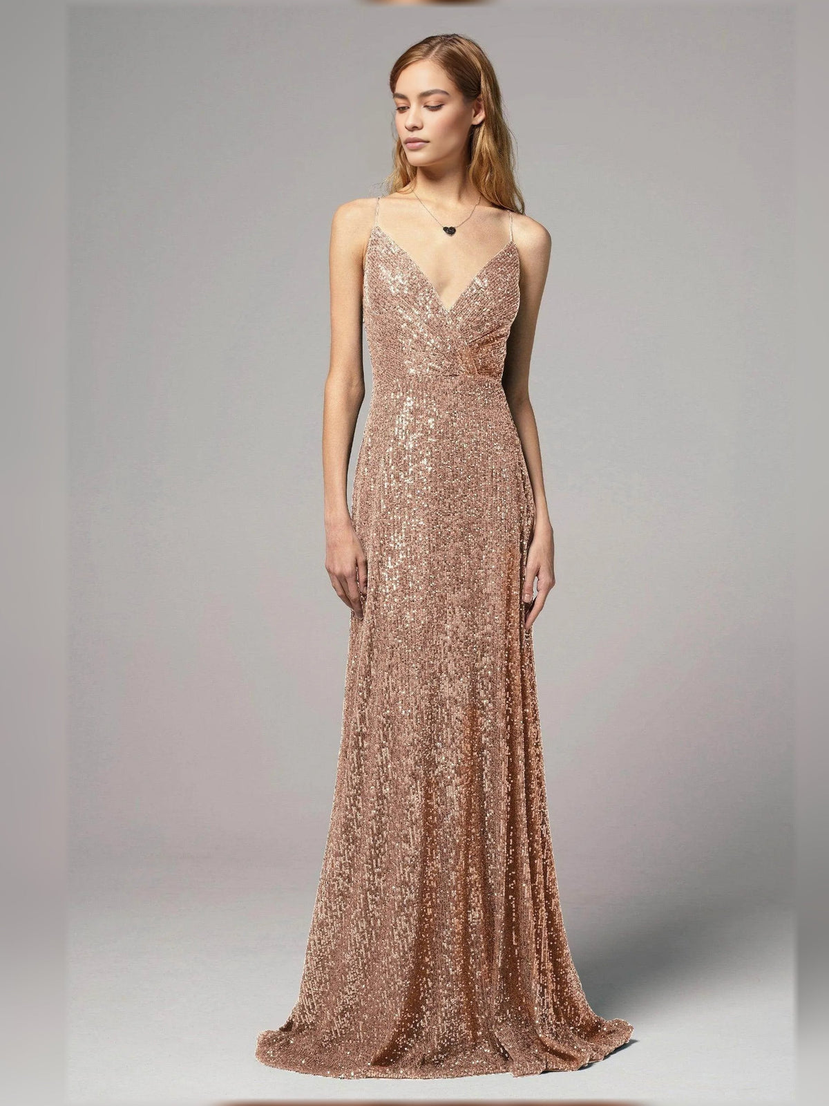 Rose gold sequin V-neck sheath formal dress with open back and floor-length skirt