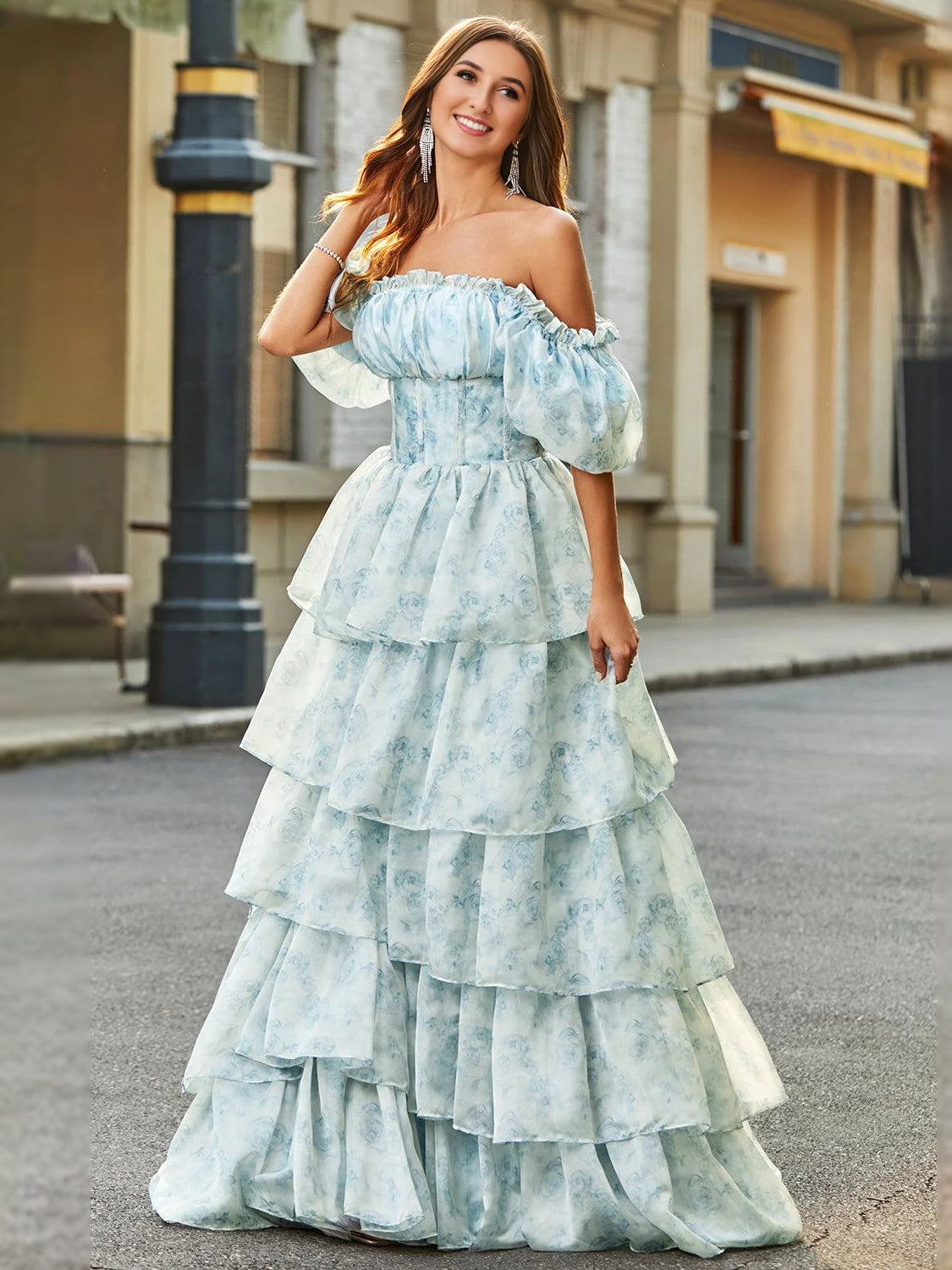 Sky blue off-shoulder tiered corset A-line prom dress, layered skirt and puff sleeves.