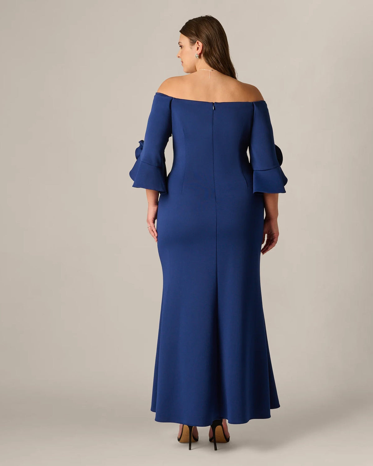 Off-shoulder navy A-line maxi dress, back view with center back seam