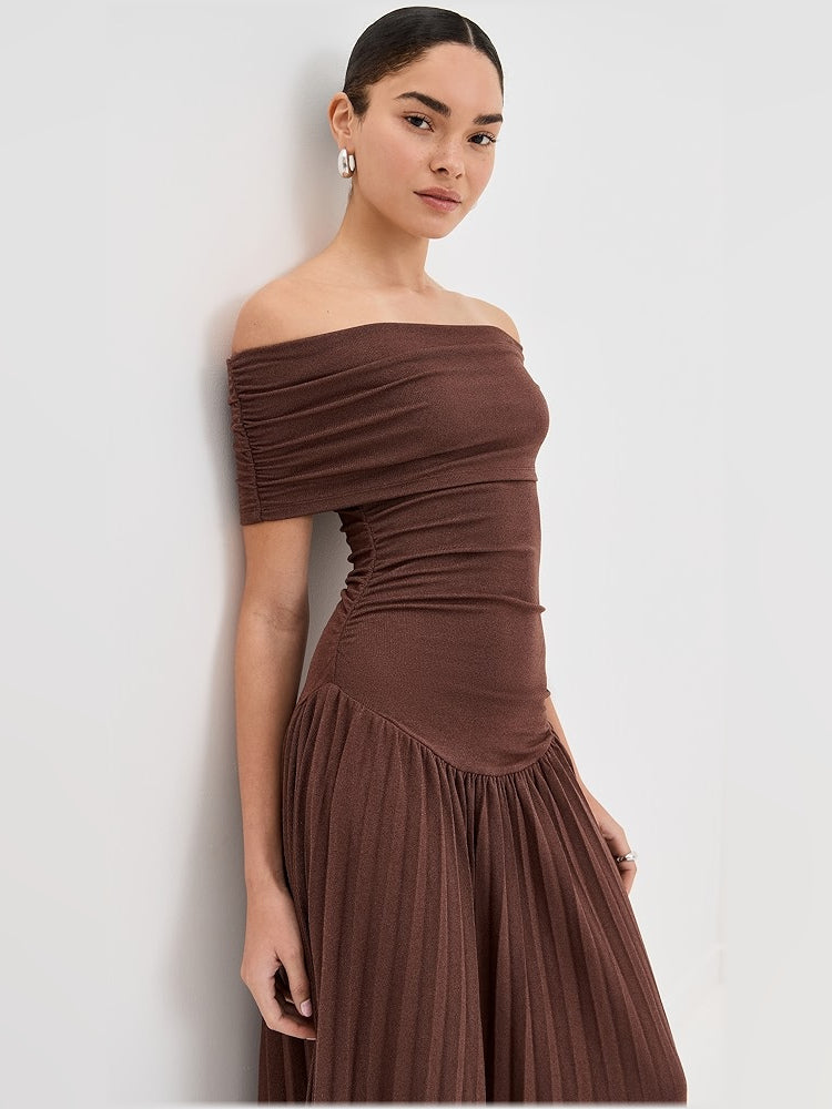 Brown a-line maxi formal dress with ruching, alternate view showing the skirt