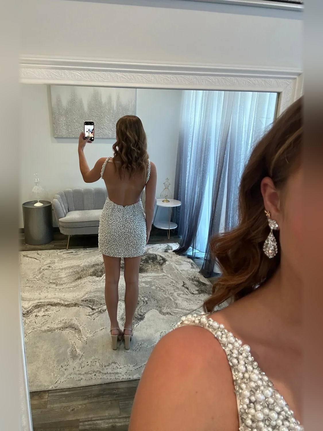 Sparkly beaded mini dress with open back and back cut-out, sleeveless