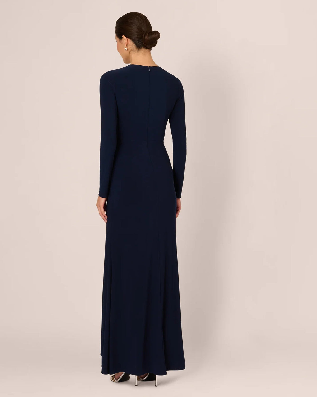 Midnight blue long-sleeve maxi mother-of-the-bride dress, back view, draped A-line skirt